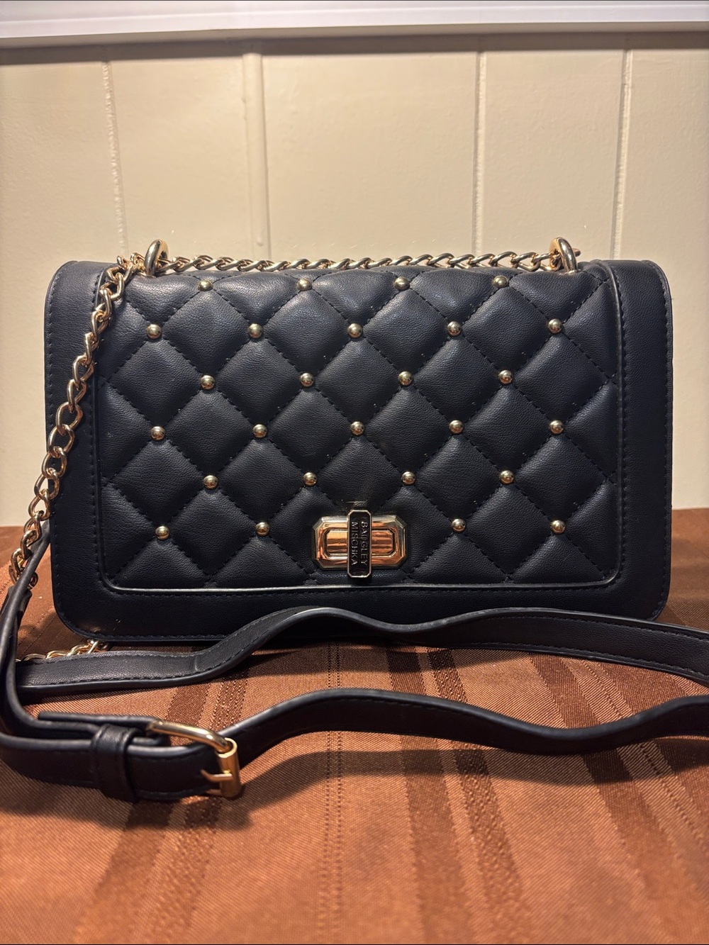 NWT Badgley Mischka Black Quilted Vegan Leather Crossbody Studded Bag Purse Flap